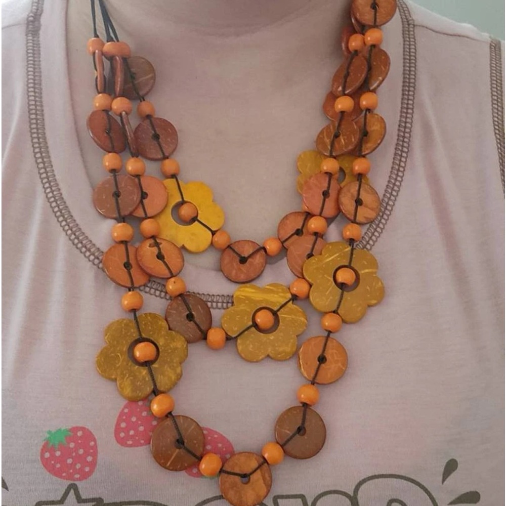 New Artisan Autumn Brown& Orange Wooden Bead Floral Decor Statement Necklace - Picture 8 of 9